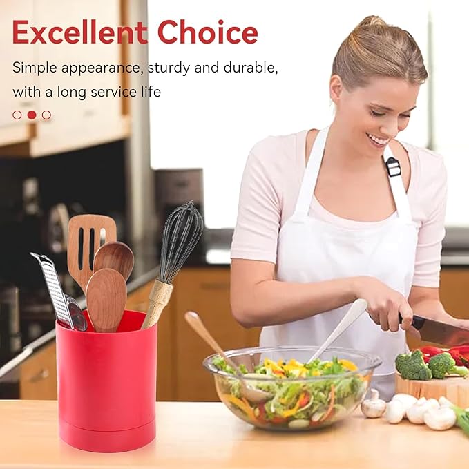 Cyrank Utensil Holder, 360° Rotating Utensil Holder for Kitchen Counter Flatware Caddy Cooking Silverware Storage Organizer for Spoon Spatula, 6.5x5.7 Inch (Red)