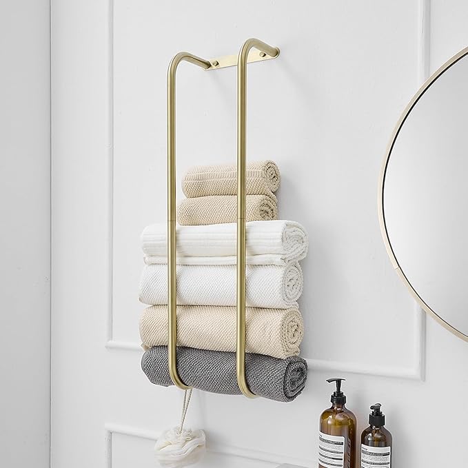 BWE Brushed Gold Towel Racks for Bathroom, Wall Mounted Towel Rack for Rolled Towels, Bathroom Towel Storage, Stainless Steel Vertical Towel Holder, Bathroom Organizer