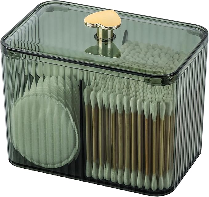 Tbestmax Qtip Holder Dispenser 3-Section Clear Cotton Swab/Pad/Ball Holder Container 3 Grids Bathroom Organizer Jar Cosmetics Storage for Vanity(Green)