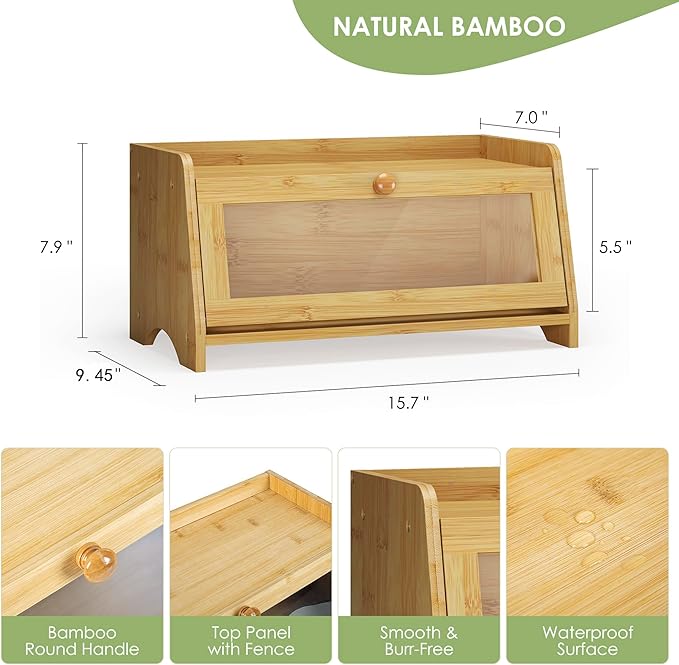 Bread Box for Kitchen Countertop, Large Bread Container Storage, Wooden Farmhouse Bread Box with Window Bread Holder (Natural Bamboo)
