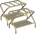 Smuxee Gold Luggage Rack Pack of 2, Foldable Suitcase Stand with Fabric Storage Shelf, Luggage Holder with 4 Nylon Straps for Hotel Guest Room Bedroom