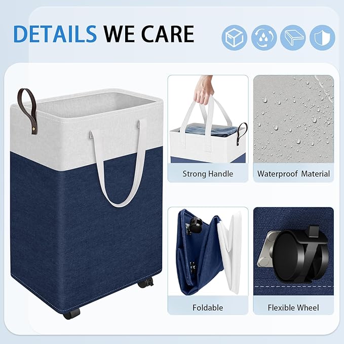 HomeHacks 75L Rolling Laundry Basket with Wheels, Collapsible & Waterproof Laundry Hamper, Mobile Clothes Hamper, Storage Laundry Bins with Handles for Laundry Room, Bedroom, Bathroom & Dorm, Blue
