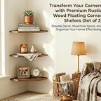 SUYU Set of 3 Floating Corner Shelves, 11.8" Rustic Wood Corner Shelf Wall Mounted, L-Shaped Corner Wall Shelf for Bathroom, Bedroom, Living Room, Kitchen, Office Organizer, Rustic Brown