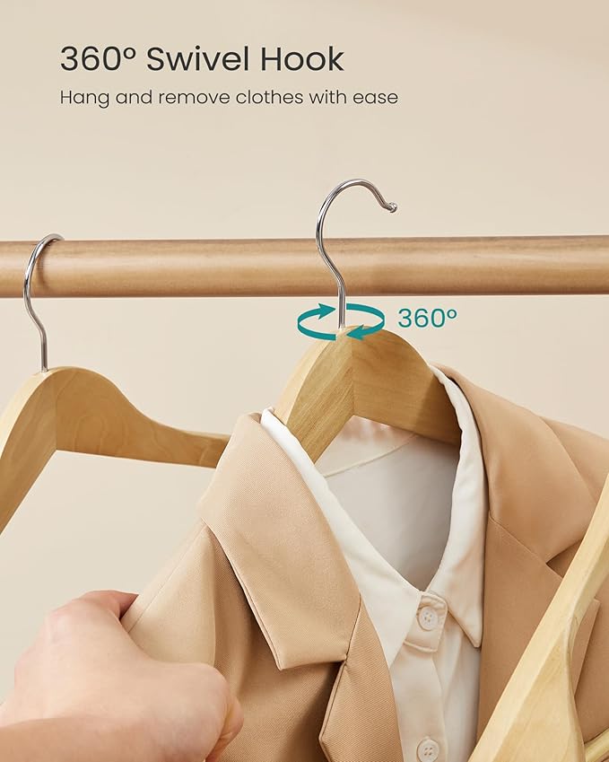SONGMICS Extra Wide Wooden Suit Hangers, Set of 10 Clothes Hangers, Swivel Hooks, Non-Slip Bars, for Outfits, Suits, Coats, Shirts, Dresses, Natural Color UCRW050KZ02