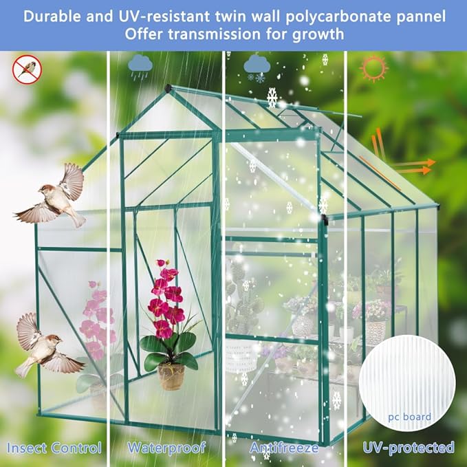 6 x 8 FT Outdoor Patio Greenhouse, Polycarbonate Board, Raised Base, Sliding Door, Adjustable Roof, Window Greenhouse, Anchor Aluminum Heavy Duty Walk-in Greenhouse