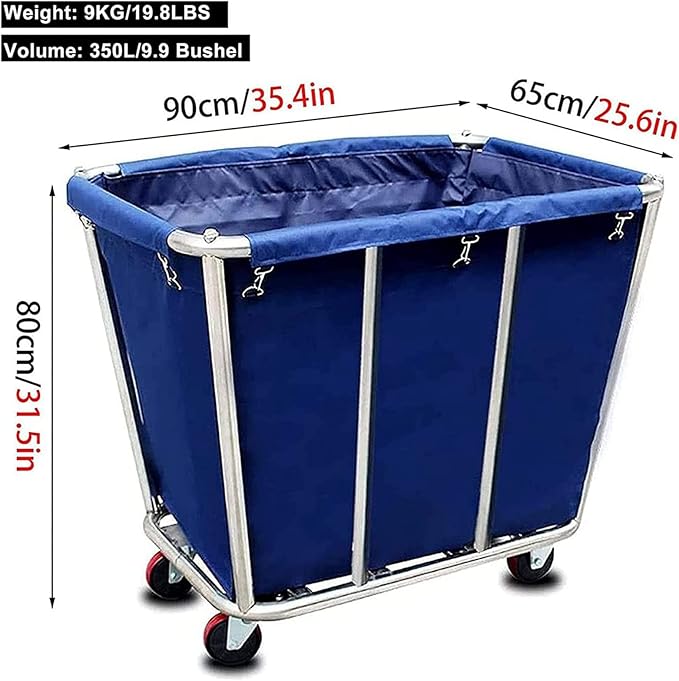 Laundry Cart Commercial,10 Bushel (350L) Large Industrial Rolling Laundry Hamper with 4 Inch Wheels,Home Heavy Duty Laundry Baskets with Stainless Steel Frame, 260 LBS Weight Capacity
