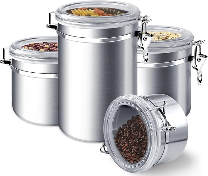 ENLOY 4-Piece Stainless Steel Airtight Food Storage Canister Set with Clear Lid, Containers Sets for Kitchen Counter for Sugar, Flour, Tea, Candy, Cookie, Spice, 28/32/38/65 oz