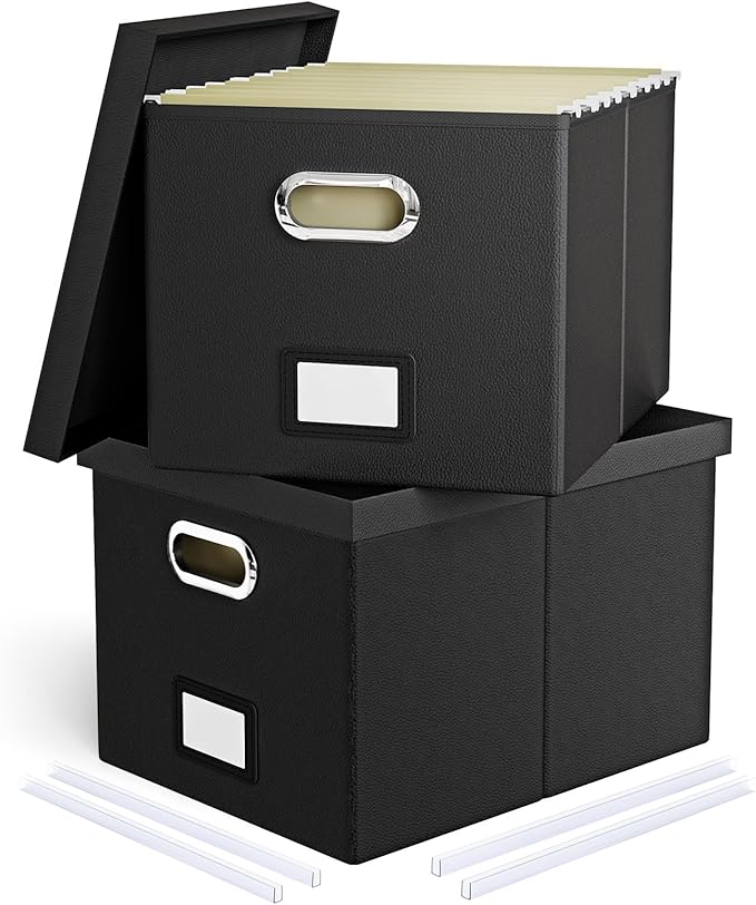 2 Pack File Storage Organizer Box, Portable Filing With Lid, Fit for Letter/Legal Folder Storage, Black (Leather)