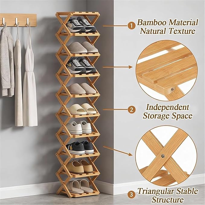 The 8-Tier No-Assembly Bamboo Rack, Bamboo Shoe Rack, Foldable Shoe Rack, Space Saving Collapsible Shelves for Entryway, Closet, Bathroom, Bamboo Shoe Rack, Foldable Shoe Rack (Brown, 8Tier)