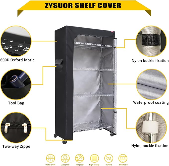 Plastic Storage Shelving Unit Cover Shelf Rack Dust Waterproof Cover 48X20X55,The Two-Way Zipper Design can be Opened up, Down, or All for Easy Access (No Shelves,Black)