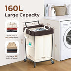 160L Laundry Hamper with Wheels and Handle, 2 Section Large Rolling Laundry Basket Bag with Wheels, Clothes Hamper Cart for Laundry, Bedroom, Bathroom and Dorm