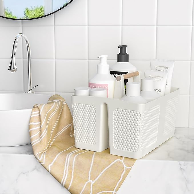 Shower Caddy Portable and Cleaning Caddy Organizer for Bathroom, Kitchen,Toiletries Storage, Caddy organizer with handle, Rust-Resistant, Durable Material(Milky White, 9.36"L×7.73"W×7.24"H)