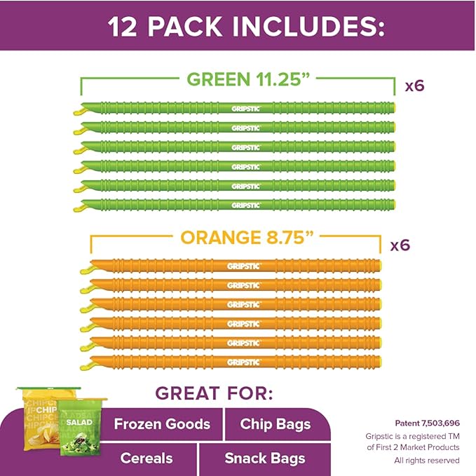 GRIPSTIC Bag Sealer - Reusable Chip Bag Clips. Patented. Airtight & Waterproof Seal on Food Storage Bags, Kids Snacks & More. Near Zero Waste. 12ct Large