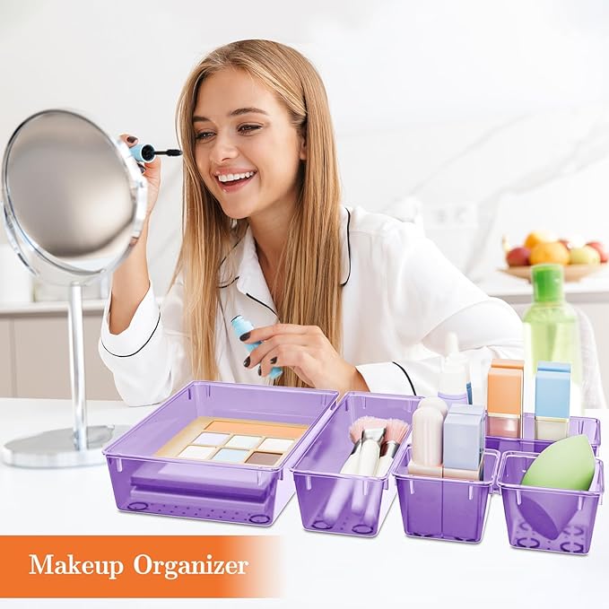 25 PCS Plastic Drawer Organizer Set, 4-Size Versatile Organizer Trays & storage Bins for Makeup, Jewelry, and Gadgets in Bathroom, Bedroom and Office,Clear Purple