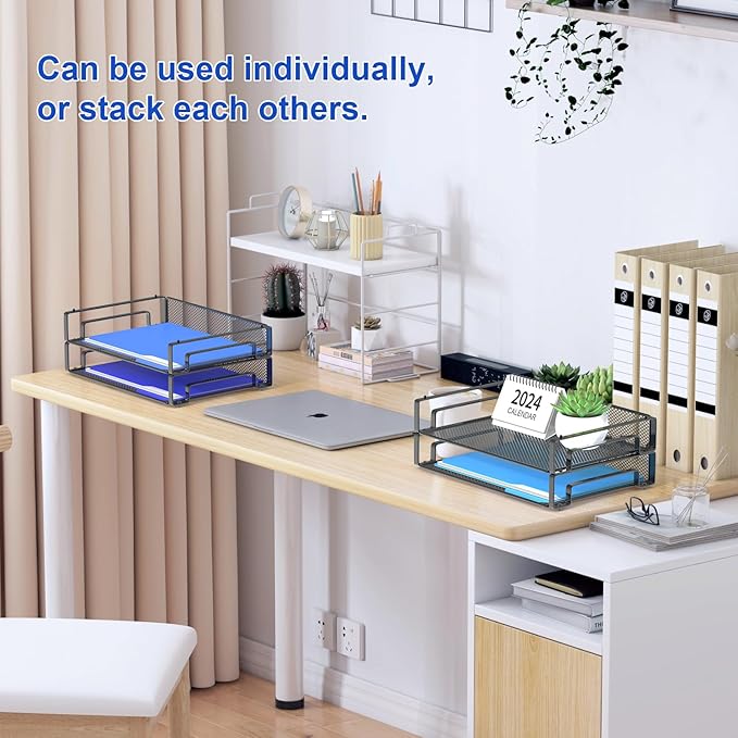 Samstar 4 Pack Stackable Letter Paper Tray, Desk File Organizer Paper Sorter for Letter/A4 Size Folders Documents, Mesh Made