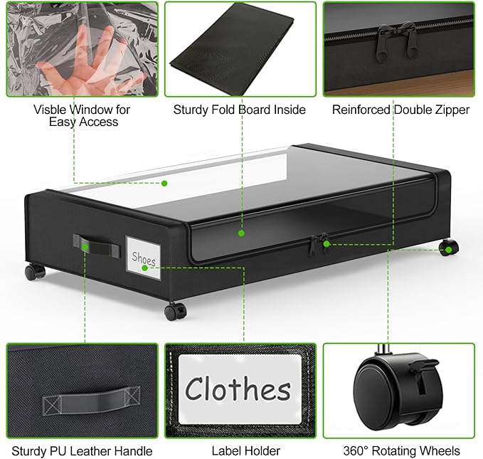 Under Bed Storage with Wheels, 4-Pack Underbed Storage Containers with Clear Lids, Under Bed Shoe Storage Organizer, Rolling Under Bed Storage for Clothes Shoes Blankets (Black)