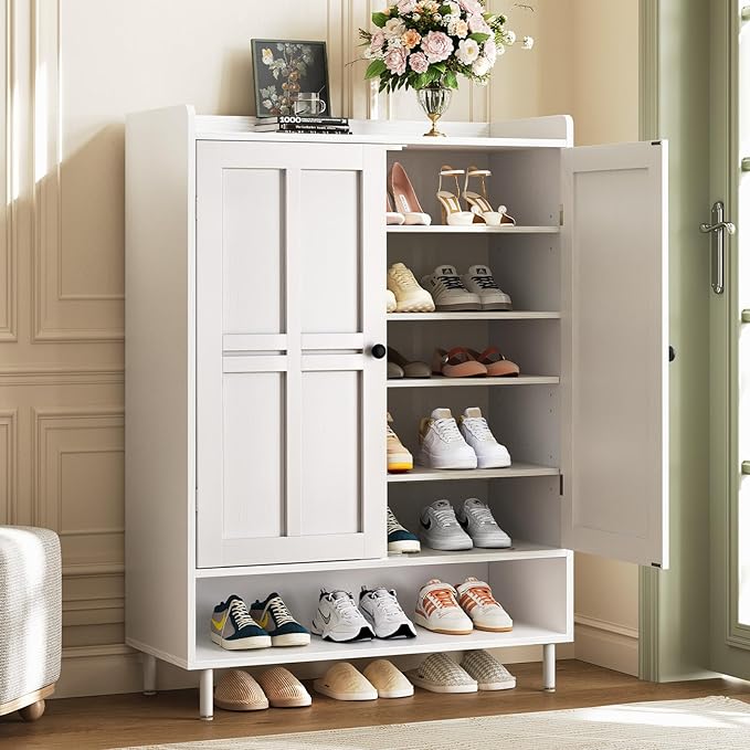 White 7+1 Tier Farmhouse Shoe Storage Cabinet - 45" Tall Entryway Organizer with Cross Molding Doors, 3 Adjustable Shelves & Metal Legs, Shoe Rack for Front Door Entrance