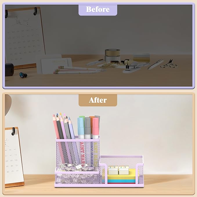 SUPEASY Mesh Pen Holder Desk Organizer, Office Supplies Pencil Storage with 3 Compartments, Office Desk Accessories and Workspace Organizers for Home School, Purple