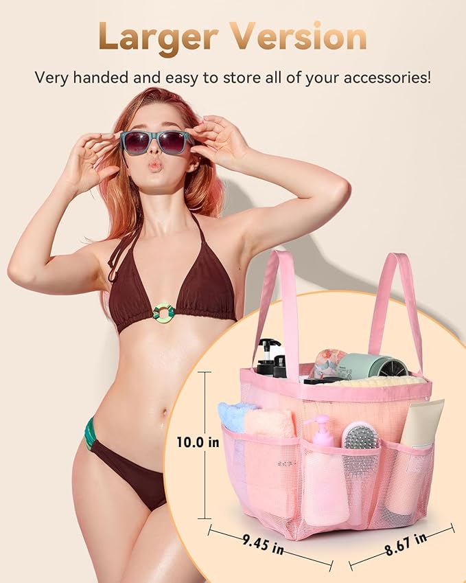 Temede Mesh Shower Caddy Tote, Large Shower Caddy Basket Portable, Quick Dry Hanging Toiletry Bag, 8 Storage Pocket Bath Organizer for College Dorm, Gym, Camp, Travel (Pink)