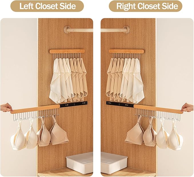 Pull Out Belt Rack for Closet, Sliding Hooks Hanger Rack for Bras Ties Tank Top Scarf Jewelry, Space Saving Organizr for Wardrobe Cabinet, Right Side 8 Hooks Rail, 2 Pcs