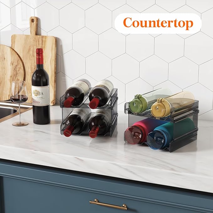 Lifewit Plastic Stackable Wine Rack for refrigerator, Cabinet, Countertop,Wine Bottle Holder, Water Bottle Organizer for Fridge, Pantry, Black, Hold 8 Bottles