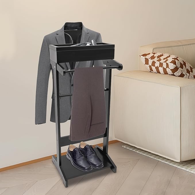 Suit Valet Stand for Men&Women, Wood Suit Rack Stand with Top Tray, Freestanding Clothing Valet Stand-22.05lbs Capacity for Home Entryway Living Room Office (Black)