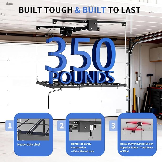 4x4 FT Overhead Garage Ceiling Storage Rack, 350 LBS Heavy-Duty Lift Elevator System with Smooth Hand Crank, Space-Saving Hoist Organization for Bins, Tools & Seasonal Gear
