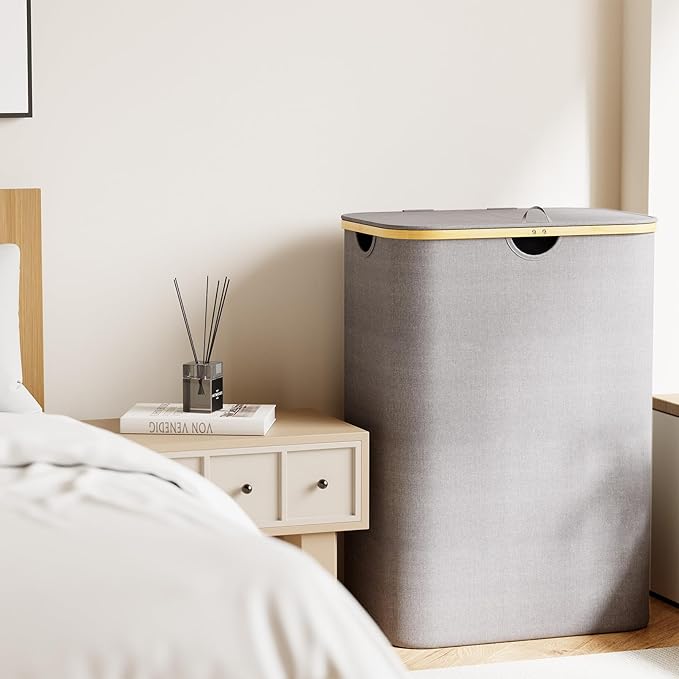 SpaceAid Double Laundry Hamper 2 Section with Lid and Removable Laundry Bags, 160L Clothes Basket with Bamboo Handles, Large Collapsible Hamper for Bedroom, Bathroom, Dorm, Laundry Room - Grey