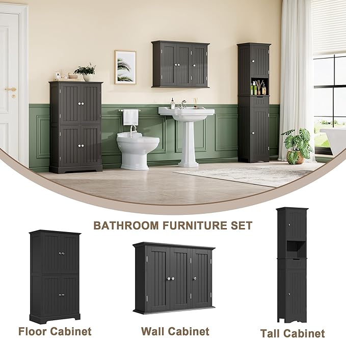 ChooChoo Bathroom Wall Cabinet with 3 Doors, Laundry Cabinet Wall Mounted, Medicine Cabinet with Adjustable Shelves, Hanging Kitchen Cupboard Organizer, Black