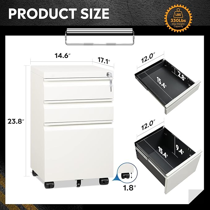 DEVAISE 3-Drawer Mobile File Cabinet (Under Office Desk), Assembled Except Casters, Fits Letter/Standard Sizes, White