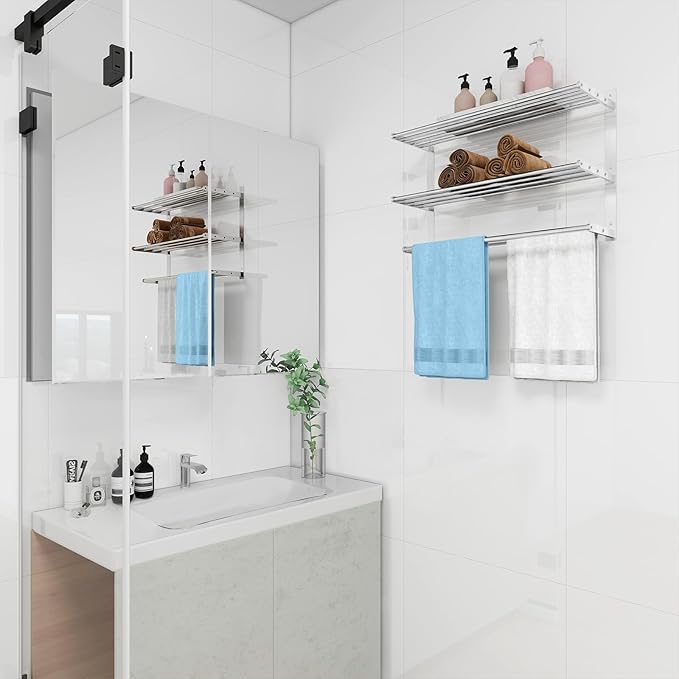 Towel Racks for Bathroom Wall 24 Inch, 3 Tier Bathroom Towel Shelf with Double Towel Bar, Stainless Steel Towel Rack with Towel Shelf, Towel Hanger Holder for Bathroom Towel Storage, Brushed Nickel