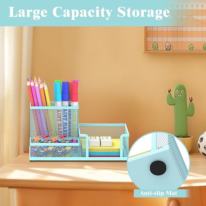 SUPEASY Mesh Pen Holder Desk Organizer, Office Supplies Pencil Storage with 3 Compartments, Office Desk Accessories and Workspace Organizers for Home School, Blue
