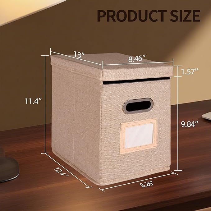 2 Pack Hanging File Folders Organizer with Lid, Letter Size Fabric File Storage Box Collapsible, Portable Office Document Holder with Metal Handle, Smooth PVC Rails, Beige