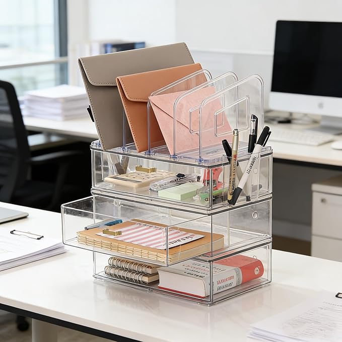 Acrylic Desk Organizer with 4-Vertical File Holder Rack, 3-Clear Drawer and 2 Pen Holders, Desktop Storage for Office Desk Accessories School Classroom Organization (Clear)