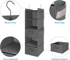 MAX Houser 5 Tier Shelf Hanging Closet Organizer, Cloth Hanging Shelf with 2 Sturdy Hooks for Storage, Foldable (Grey-D2)