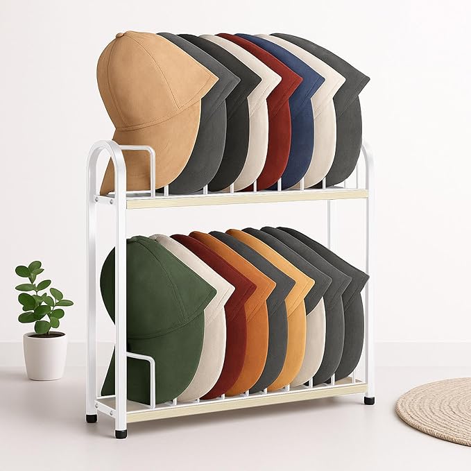 SWTYMIKI Hat Stand for Baseball Caps - 2 Tier Wood & Metal Tabletop Hat Organizer Storage Display Rack, Holds up to 20 Caps for Desk, Closet Shelf, Dresser (White)