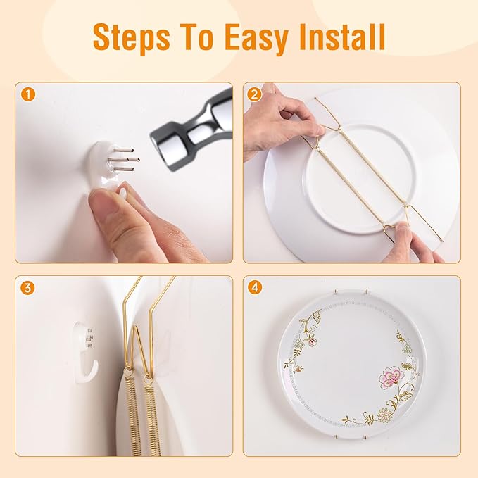 Bilillo 10 Pieces Wall Plate Hangers for Display, Suitable for 9-11 inch Art, Stainless Steel Invisible Heavy Duty Wire Plate Holder with 10 Pieces Wall Hooks