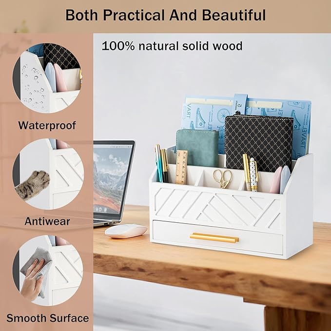 white Wood Desk Organizer and Accessories with Drawer, Bill Mail Organizer and File Mail Holder for Office Supplies, Modern Desk Accessories & Workspace Organizers for Desk Organization