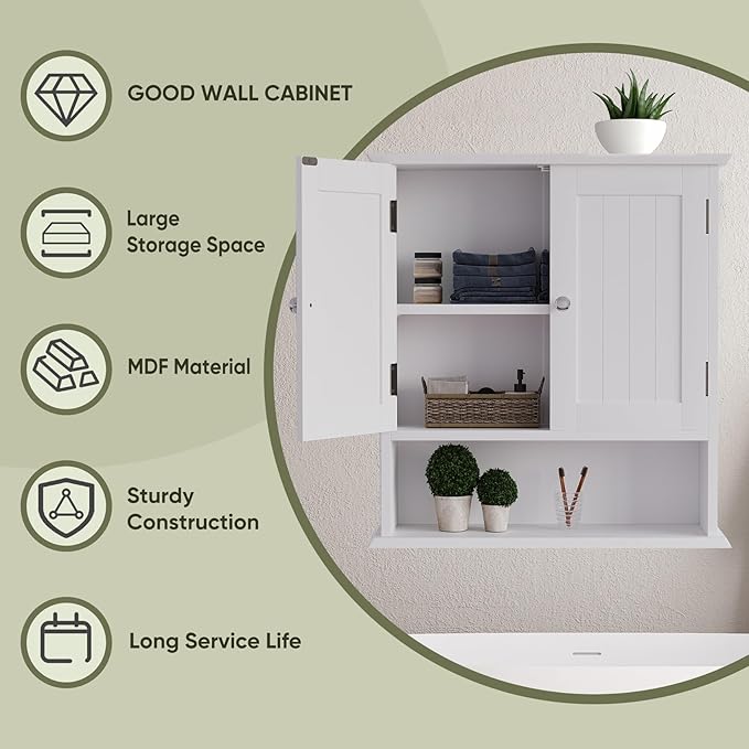 Smuxee White Bathroom Cabinet Wall Mounted, Small Bathroom Medicine Cabinet with 2 Door Adjustable Shelves, Bathroom Wall Cabinet Over Toilet for Laundry Room Kitchen