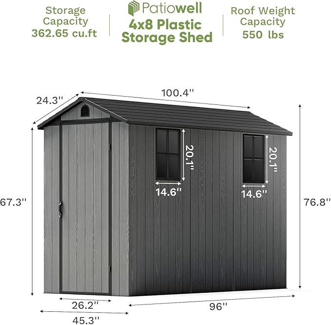 Patiowell 4x8 FT Outdoor Storage Shed with Floor & Windows, Lockable Resin Tool Shed for Garden, Backyard, Patio, and Lawn Equipment - Easy Assembly, All-Weather Protection, Gray (Fit-it Shed)