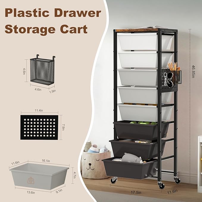 Rolling Cart with Drawers, Rolling Storage Cart with Large Plastic Drawers & Wooden Tabletop, Utility Cart with Pegboards & Basket, Storage Drawers Cart for Living Room, Classroom, Bedroom, Office