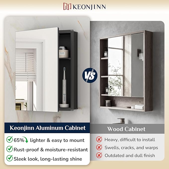Keonjinn Black Medicine Cabinet 14 x 18 Inch, Assembly Needed, Small Bathroom Mirrored Medicine Cabinet, Lightweight, One Shelf Only, Freely Adjustable Shelves, Recessed or Wall Mount, Tempered Glass