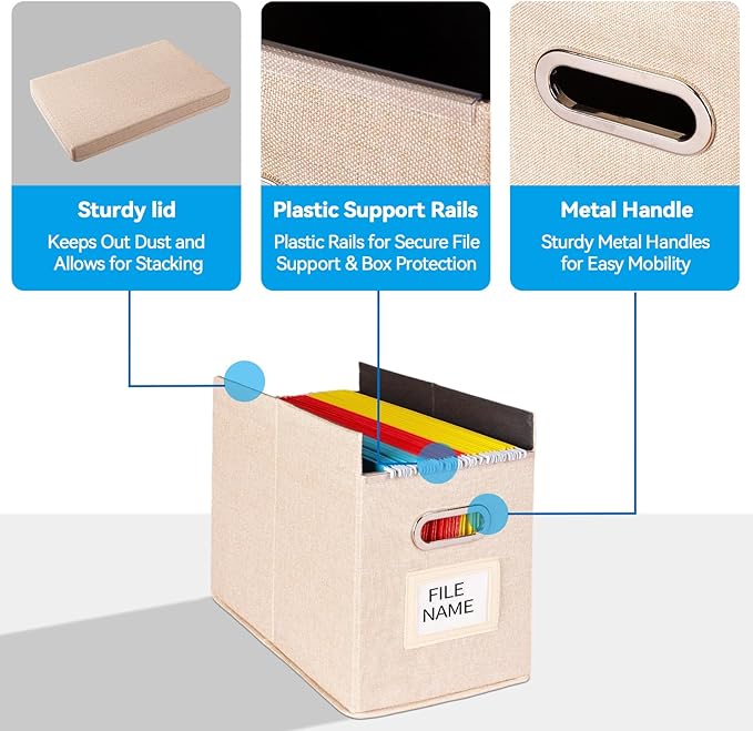 2 Pack Hanging File Folders Organizer with Lid, Letter Size Fabric File Storage Box Collapsible, Portable Office Document Holder with Metal Handle, Smooth PVC Rails, Beige