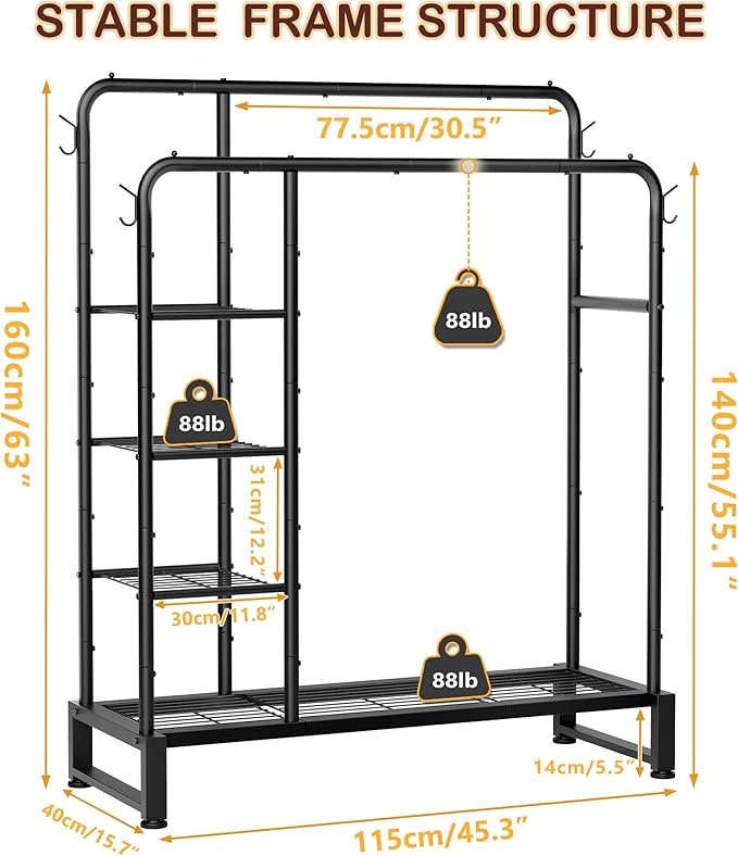 Double Rods Clothes Rack Clothing Rack with 4 Tier Storage Shelves Clothes Rack for Hanging Clothes Multifunctional Heavy Duty Clothes Organizer with Hooks for Bedroom,Wardrobe Closet,Shop,Black