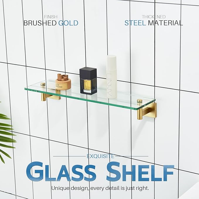 KOKOSIRI Wall Shelves Floating Shelf 20-Inch Stainless Steel Bathroom Hardware Tempered Glass Kitchen Hanging for Storage/Room Decor Gold B1105BG-L20