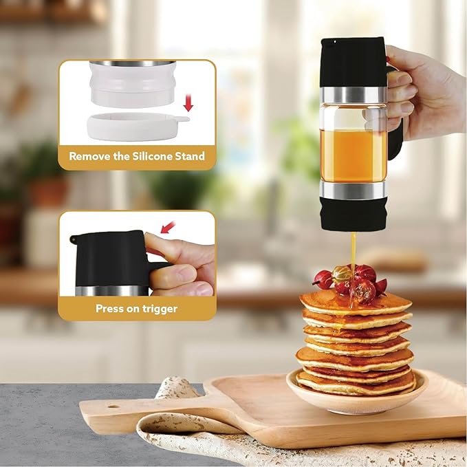 Glass Honey Dispenser, 9 OZ Honey Jar with Handle, No Drip Maple Syrup Dispenser (black)