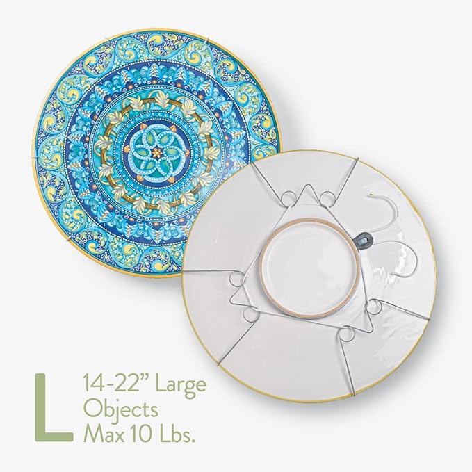 Display Buddie Adjustable Wall Plate Hanger - Secure for Round Platter Bowl Tray Wall Display - Steel - Silicone Hooks - Large 14"-22" up to 8 lbs