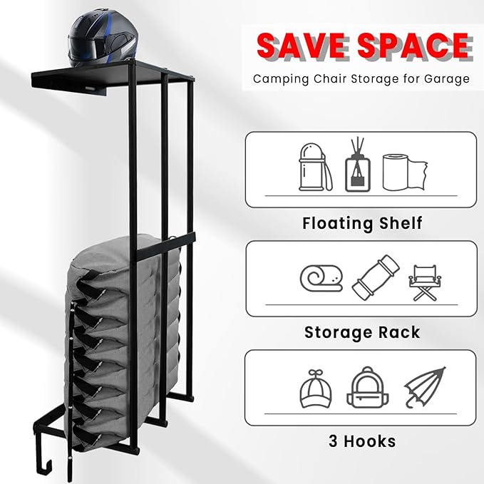 Camping Chairs Storage for Garage - Metal Camping Chair Wall Holder for Garage Organization, Camping Chair Storage Racks with 3 Hooks, Beach Chair Umbrella Wall Storage Rack
