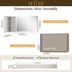 TETOTE 48 x 32 Lighted Bathroom Medicine Cabinet with Adjustable Shelves, Silver Aluminum Cabinet, Anti-Fog Stepless Dimmable 3 Colors White/Warm/Natural, Easy to Install(Wall Mount/Recessed)