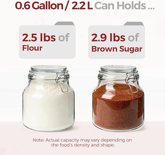0.6 Gallon 2 Pack Wide Mouth Glass Jars with Airtight Lid – Includes 1 Cup & 0.5 Cup Measuring Scoops & Labels, Ideal for Flour, Sugar, Coffee, Cereal, Rice & Dry Goods | Thick Glass, BPA-Free